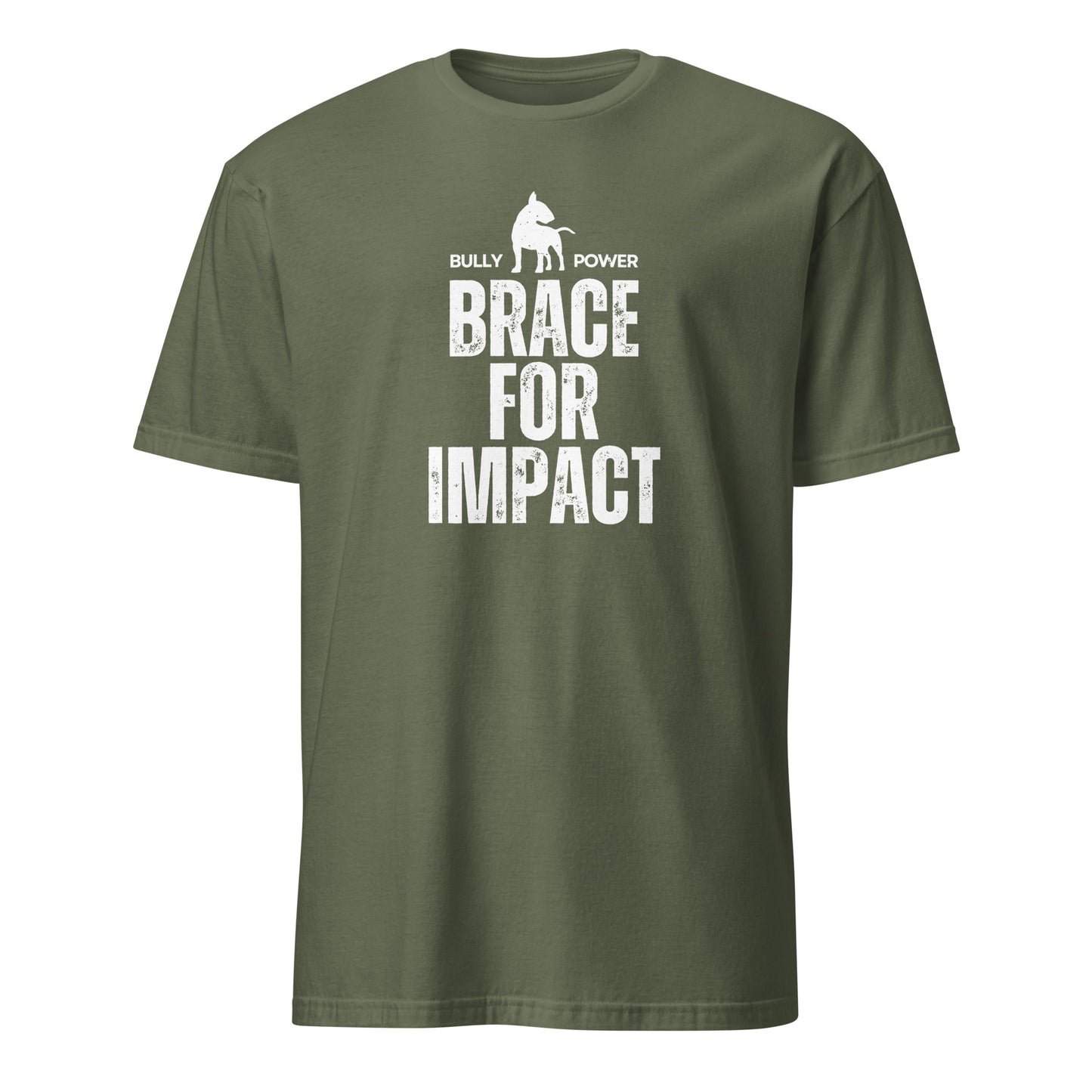 Product mockup - military green t-shirt with text and graphic design 'Brace for Impact'