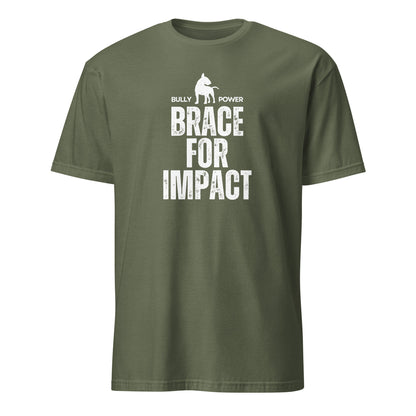Product mockup - military green t-shirt with text and graphic design 'Brace for Impact'