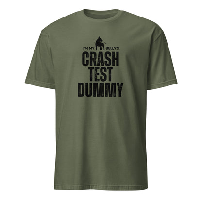 Product mockup - Militray Green t-shirt with 'I'm my bully's crash test dummy' text and graphic.