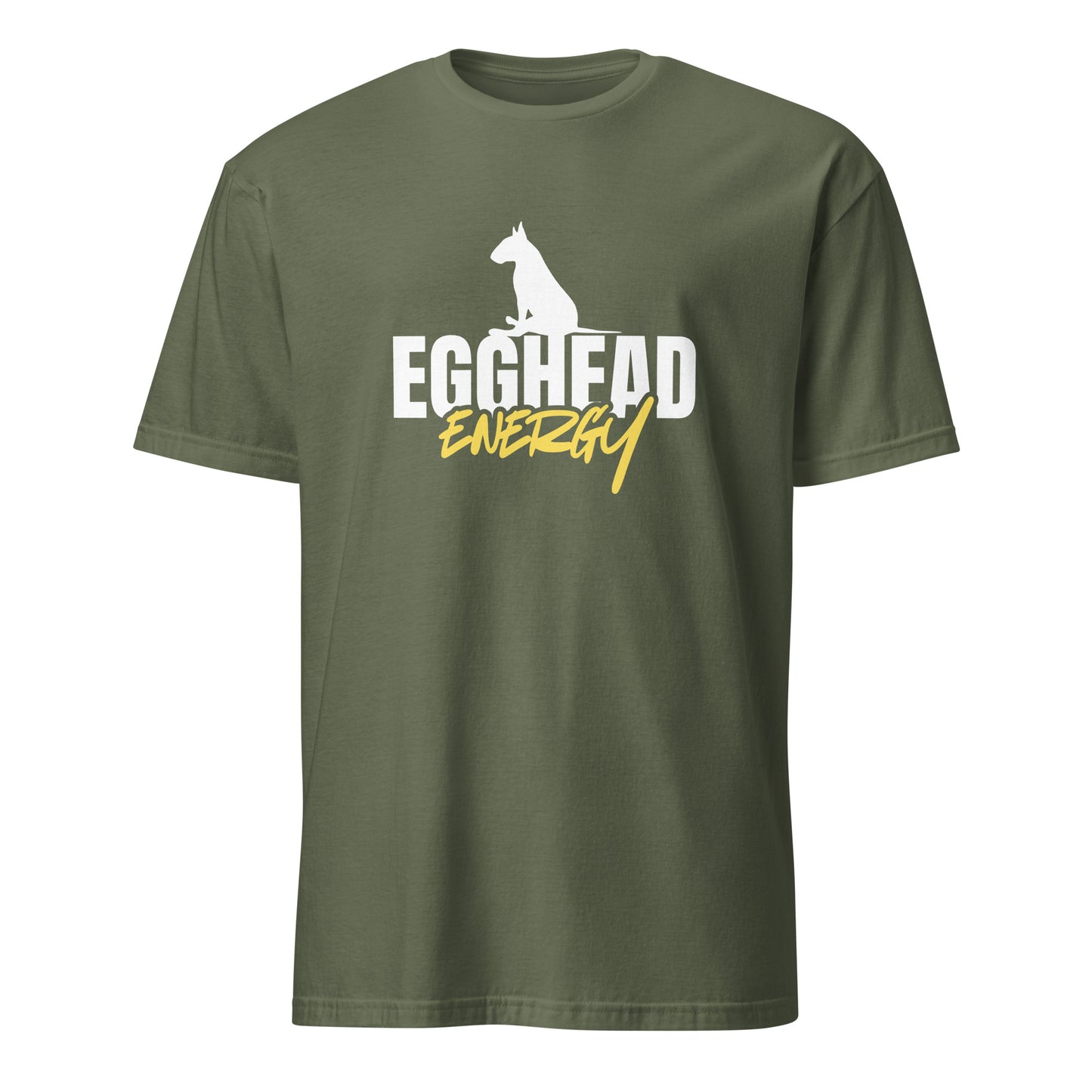 Product mockup of military green t-shirt with 'EGGHEAD ENERGY' text and graphic