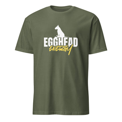 Product mockup of military green t-shirt with 'EGGHEAD ENERGY' text and graphic