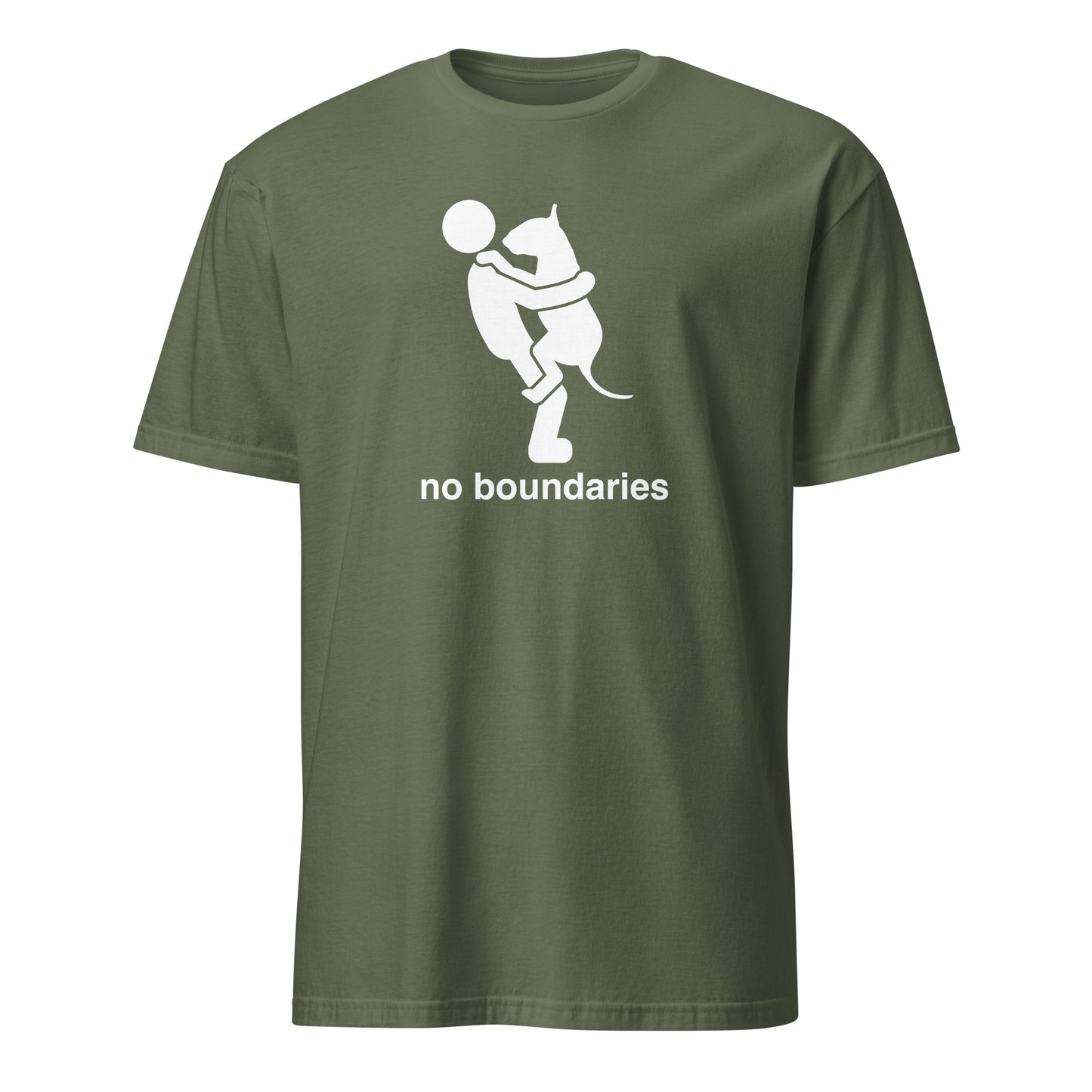 Product mockup of a military green  t-shirt with white graphic of a dog in a persons arms and 'no boundaries' text.