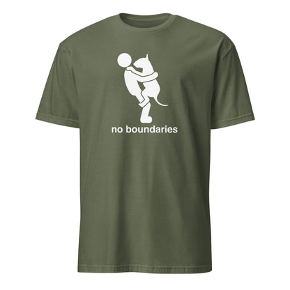 Product mockup of a military green  t-shirt with white graphic of a dog in a persons arms and 'no boundaries' text.