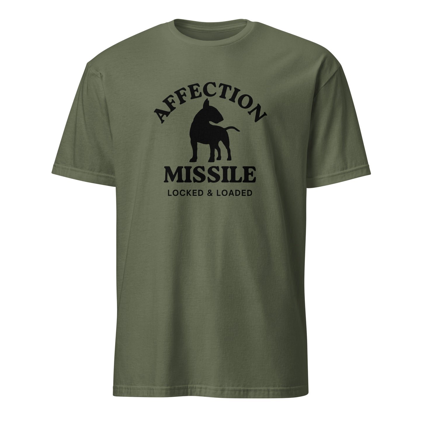 "Affection Missile Locked & Loaded" text and graphic on miltary green t-shirt