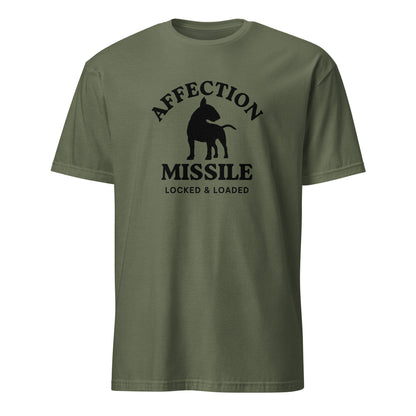 "Affection Missile Locked & Loaded" text and graphic on miltary green t-shirt