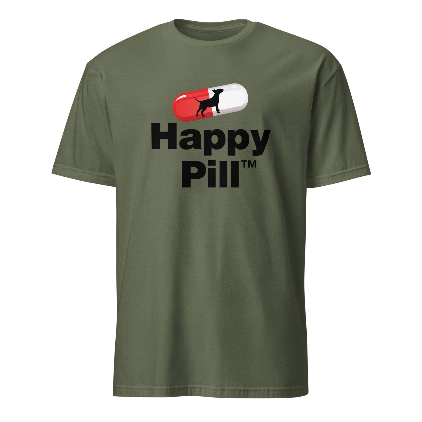 HAPPY PILL Bull Terrier graphic t-shirt, novelty dog capsule design, unisex, military green