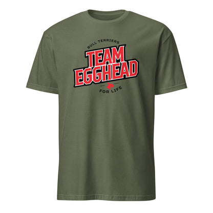 Product mockup of military green t-shirt with 'Team Egghead for Life' text and logo.