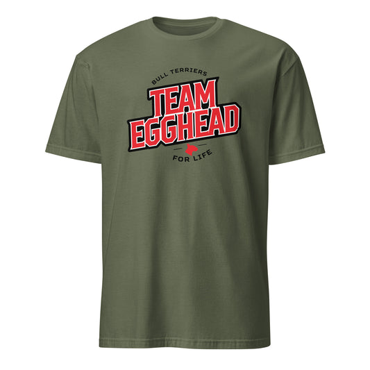 Product mockup of military green t-shirt with 'Team Egghead for Life' text and logo.