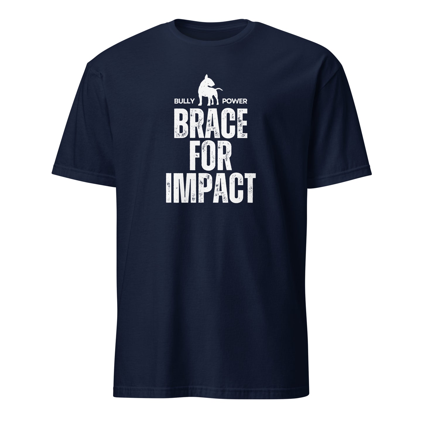 Product mockup - navy t-shirt with text and graphic design 'Brace for Impact'