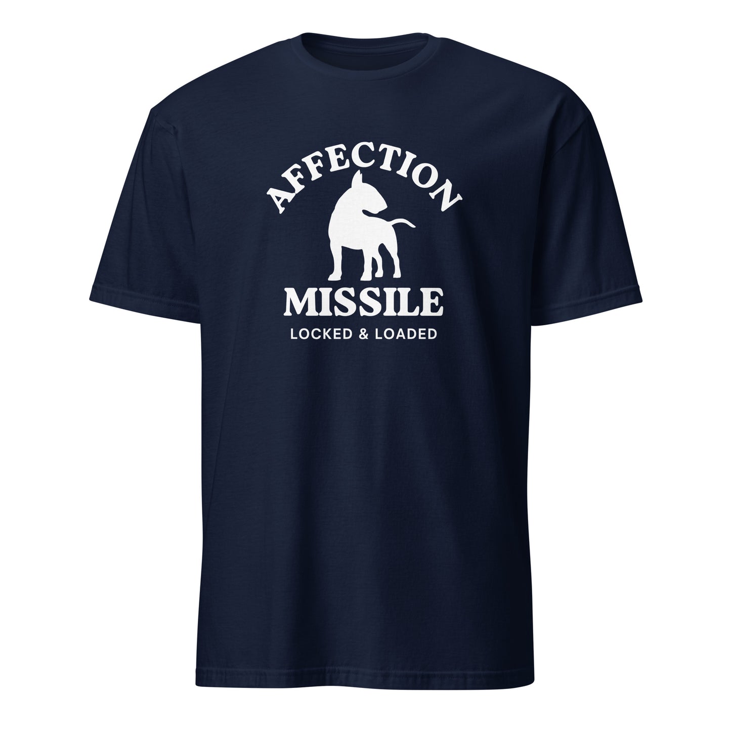 "Affection Missile Locked & Loaded" text and graphic on navy t-shirt