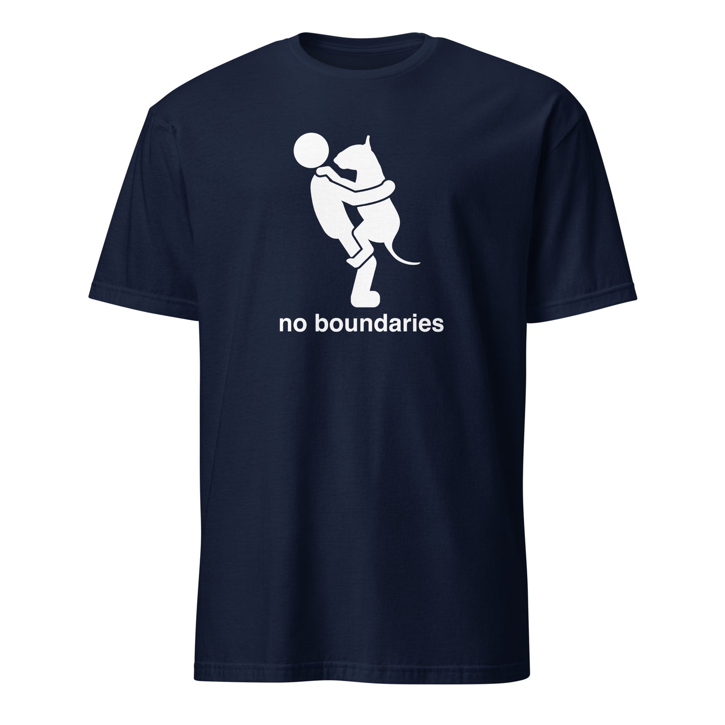 Product mockup of a navy  t-shirt with white graphic of a dog in a persons arms and 'no boundaries' text.