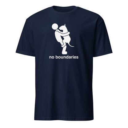 Product mockup of a navy  t-shirt with white graphic of a dog in a persons arms and 'no boundaries' text.