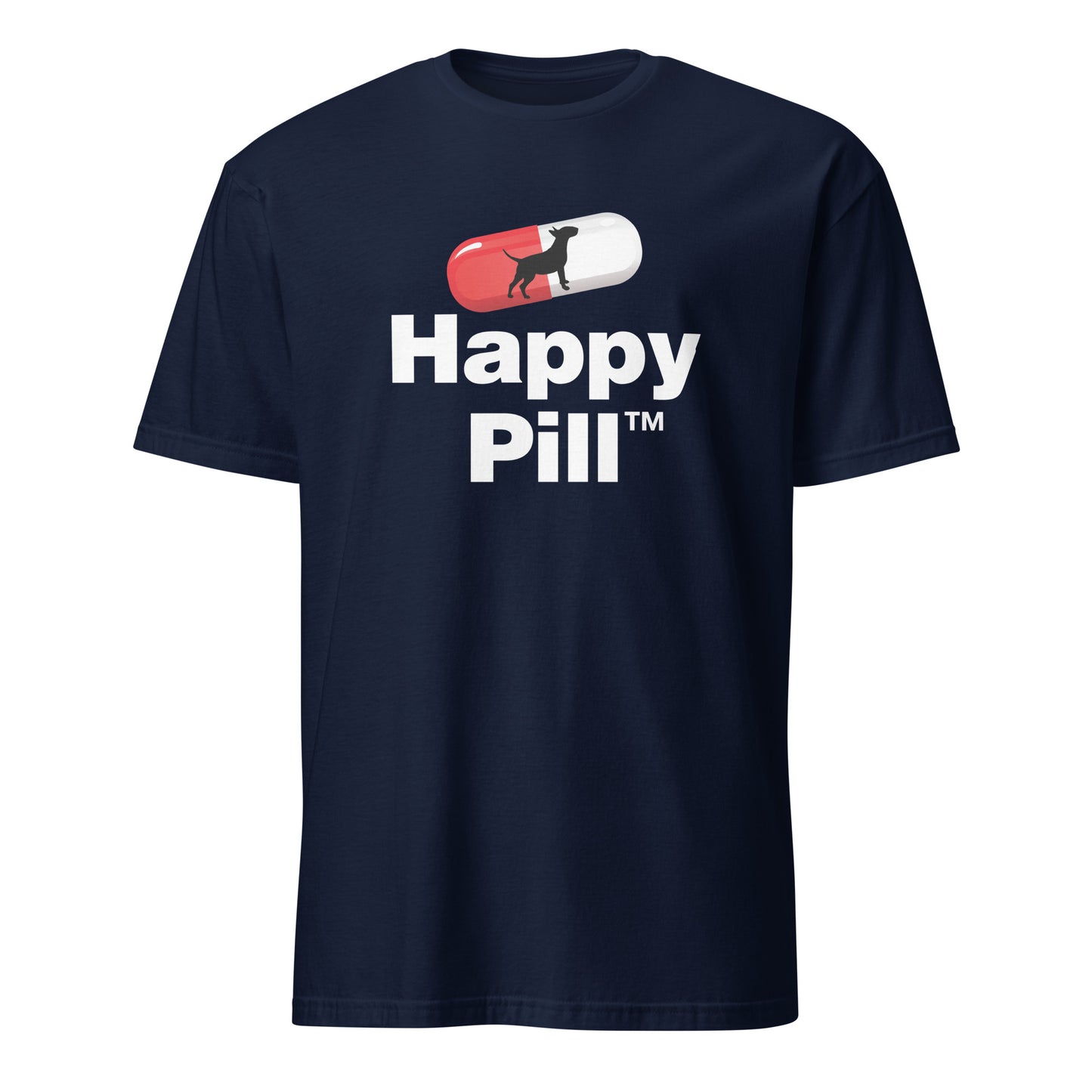 HAPPY PILL Bull Terrier graphic t-shirt, novelty dog capsule design, unisex, navy