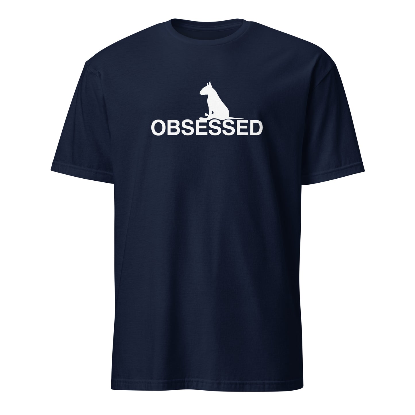 Product mockup of a navy t-shirt with a white  bull terrier sitting silhouette and 'OBSESSED' text.
