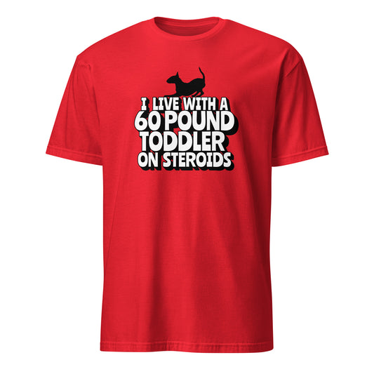 Product mockup of red t-shirt with a graphic of a bull terrier and text "I' Live with a 60-Pound toddler on steroids"