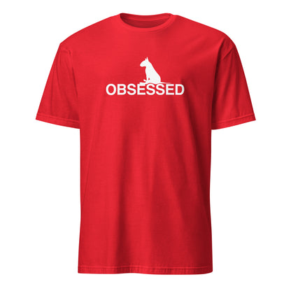 Product mockup of a red t-shirt with a white  bull terrier sitting silhouette and 'OBSESSED' text.