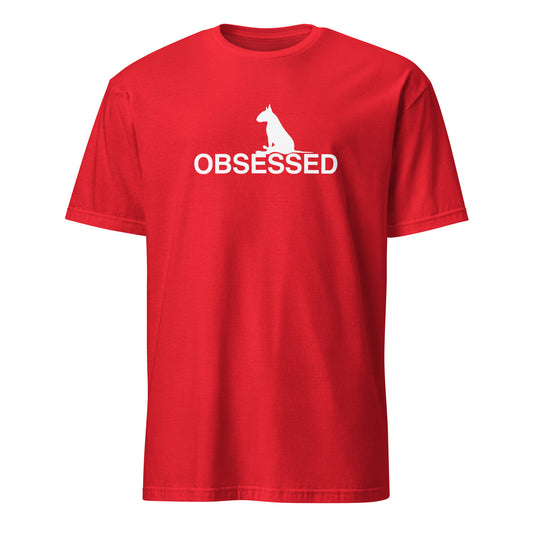 Product mockup of a red t-shirt with a white  bull terrier sitting silhouette and 'OBSESSED' text.
