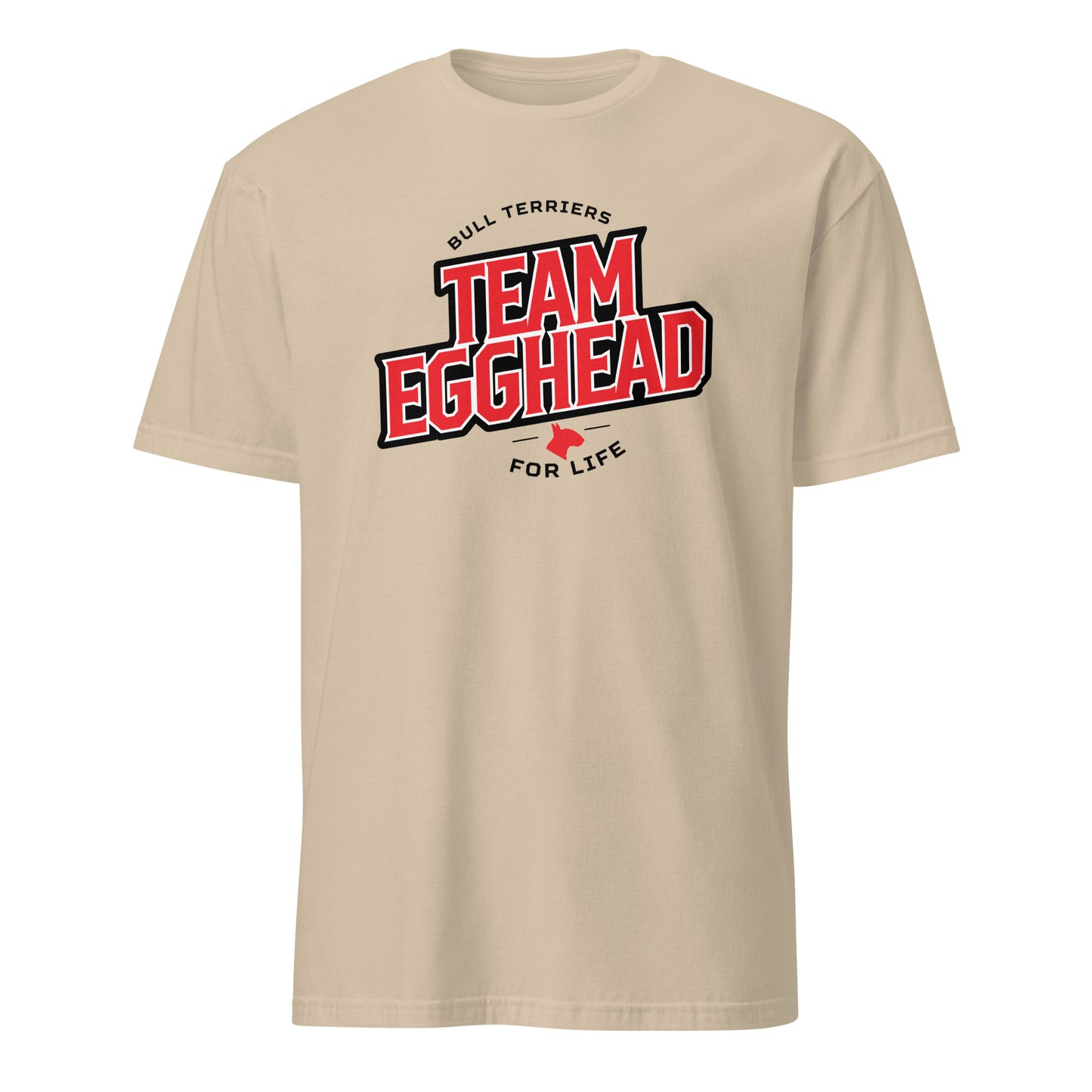 Product mockup of sand t-shirt with 'Team Egghead for Life' text and logo.