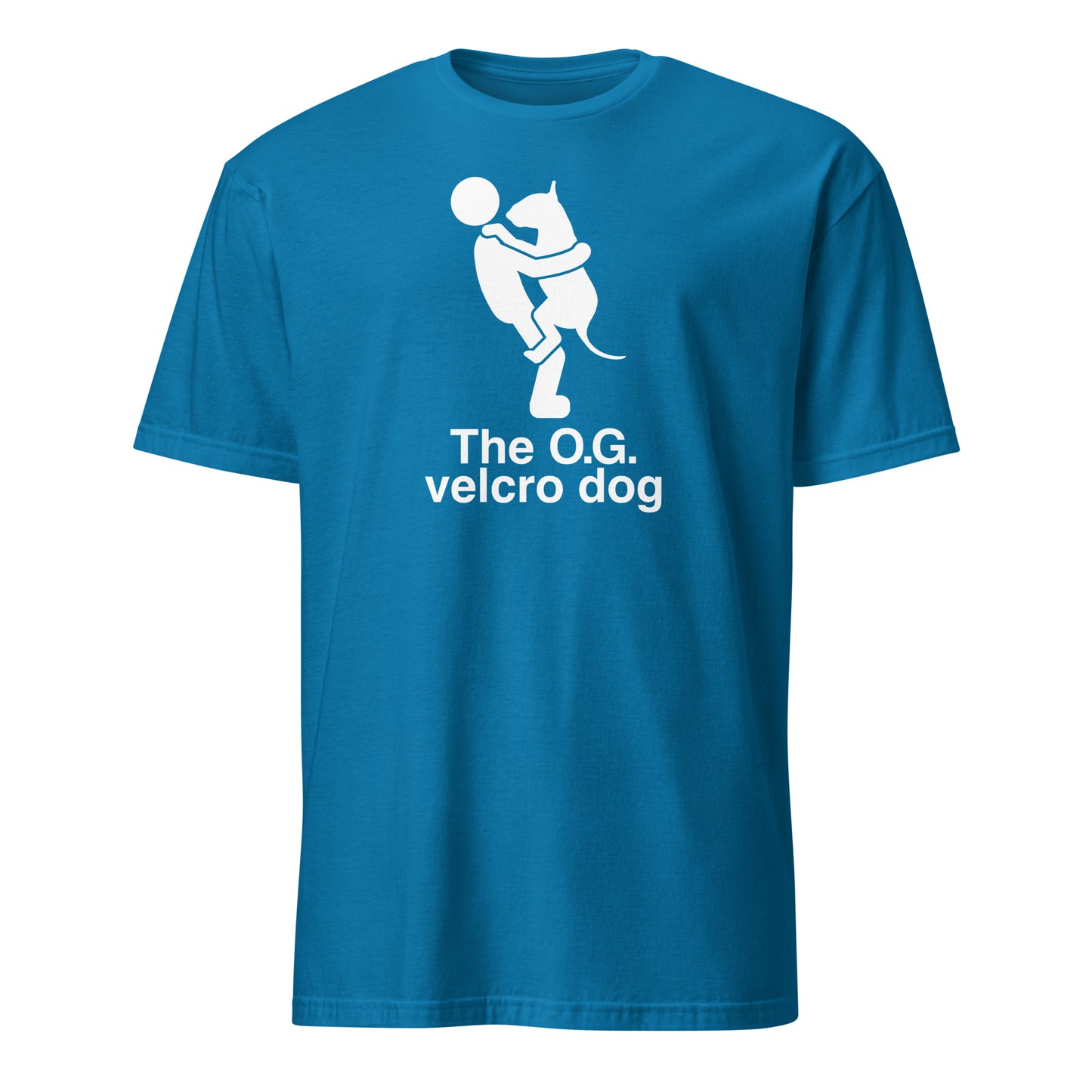 Product mockup of a sapphire blue t-shirt with a graphic of a bull terrier jumping into a persons arms, and text 'The O.G. velcro dog'.
