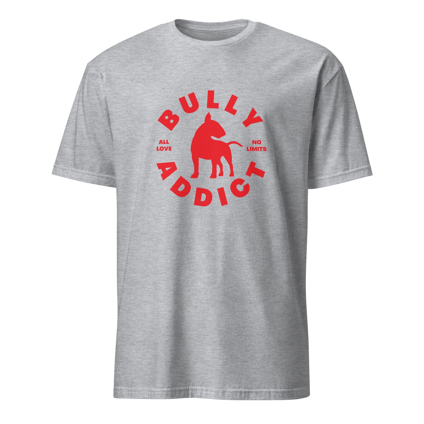 Product mockup - Light Grey t-shirt with red graphic and text Bully Addict 