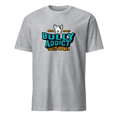 Product mockup - Light Grey T-shirt with graphic text "Bully Addict Fully Hooked"