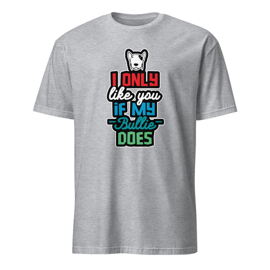 Product mockup of light grey t-shirt with a humorous dog-themed text design "I only like you if my Bully does"