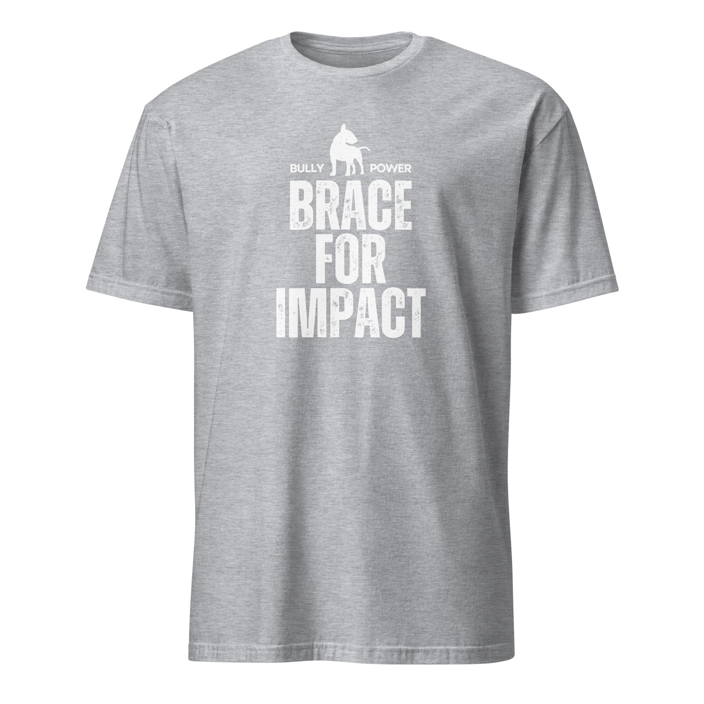 Product mockup - Light grey t-shirt with text and graphic design 'Brace for Impact'