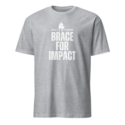 Product mockup - Light grey t-shirt with text and graphic design 'Brace for Impact'