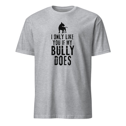 Product mockup of light grey t-shirt with bull terrier graphic and text "I only like you if my Bully does"