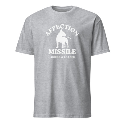 "Affection Missile Locked & Loaded" text and graphic on light grey t-shirt