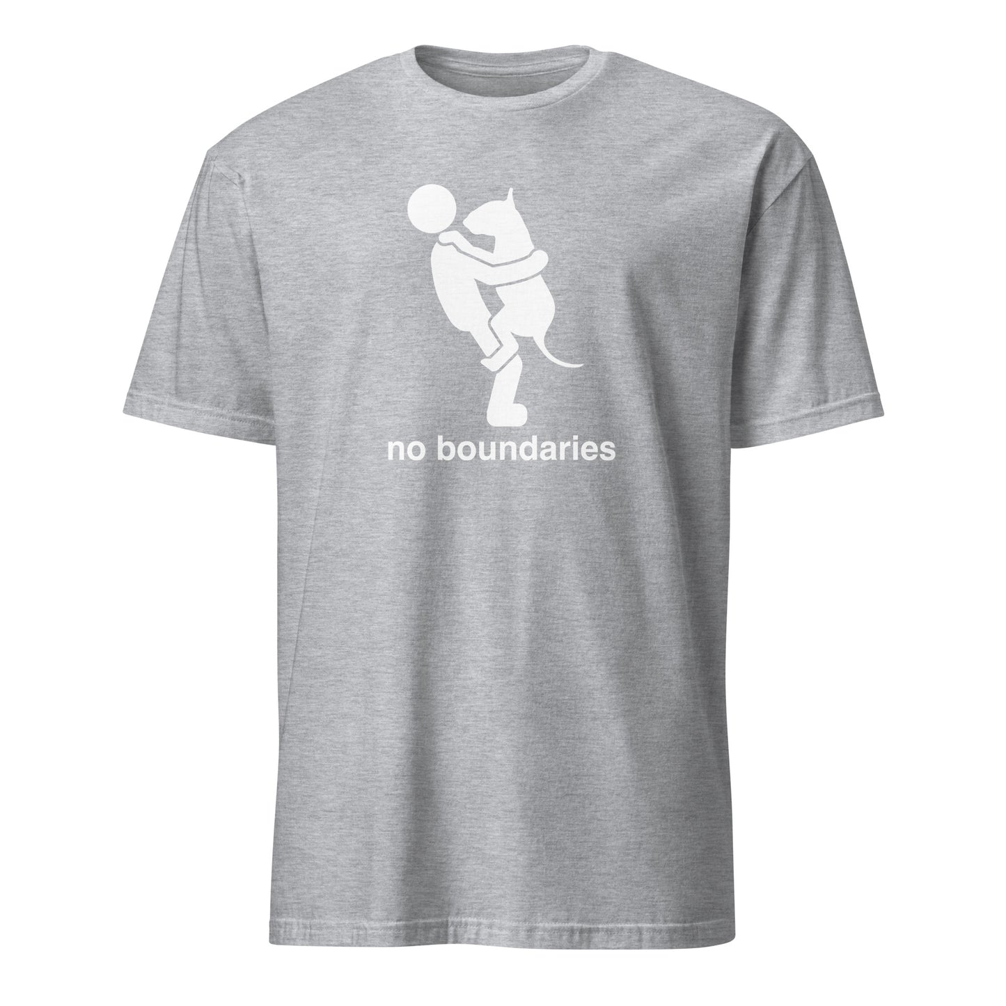 Product mockup of a grey t-shirt with white graphic of a dog in a persons arms and 'no boundaries' text.