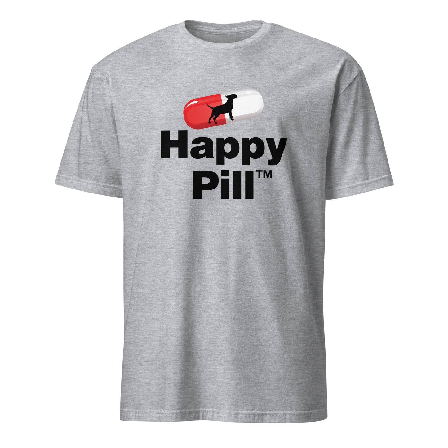 HAPPY PILL Bull Terrier graphic t-shirt, novelty dog capsule design, unisex, sports grey