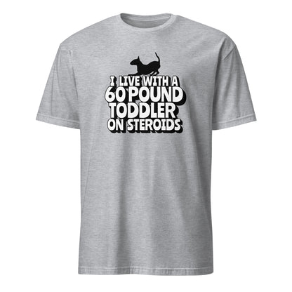 Product mockup of light grey t-shirt with a graphic of a bull terrier and text "I' Live with a 60-Pound toddler on steroids"
