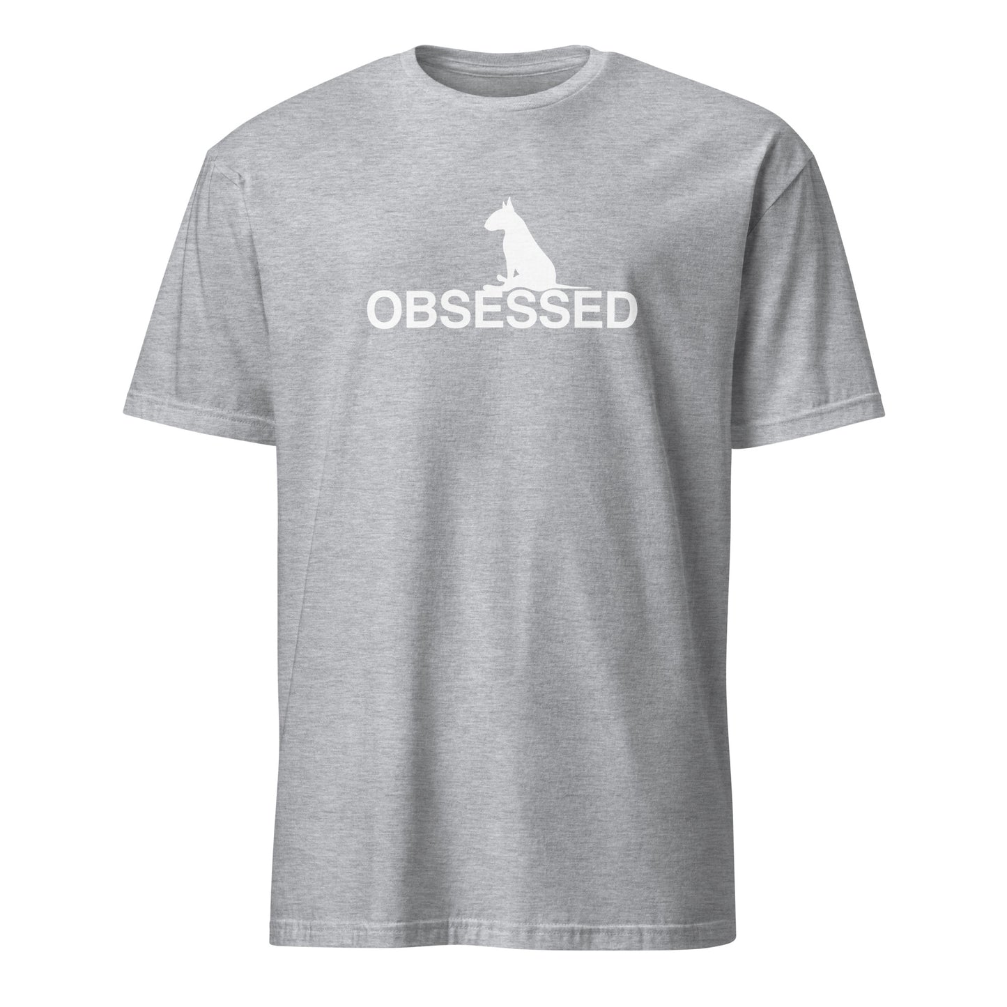 Product mockup of a grey t-shirt with a white  bull terrier sitting silhouette and 'OBSESSED' text.