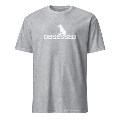 Product mockup of a grey t-shirt with a white  bull terrier sitting silhouette and 'OBSESSED' text.