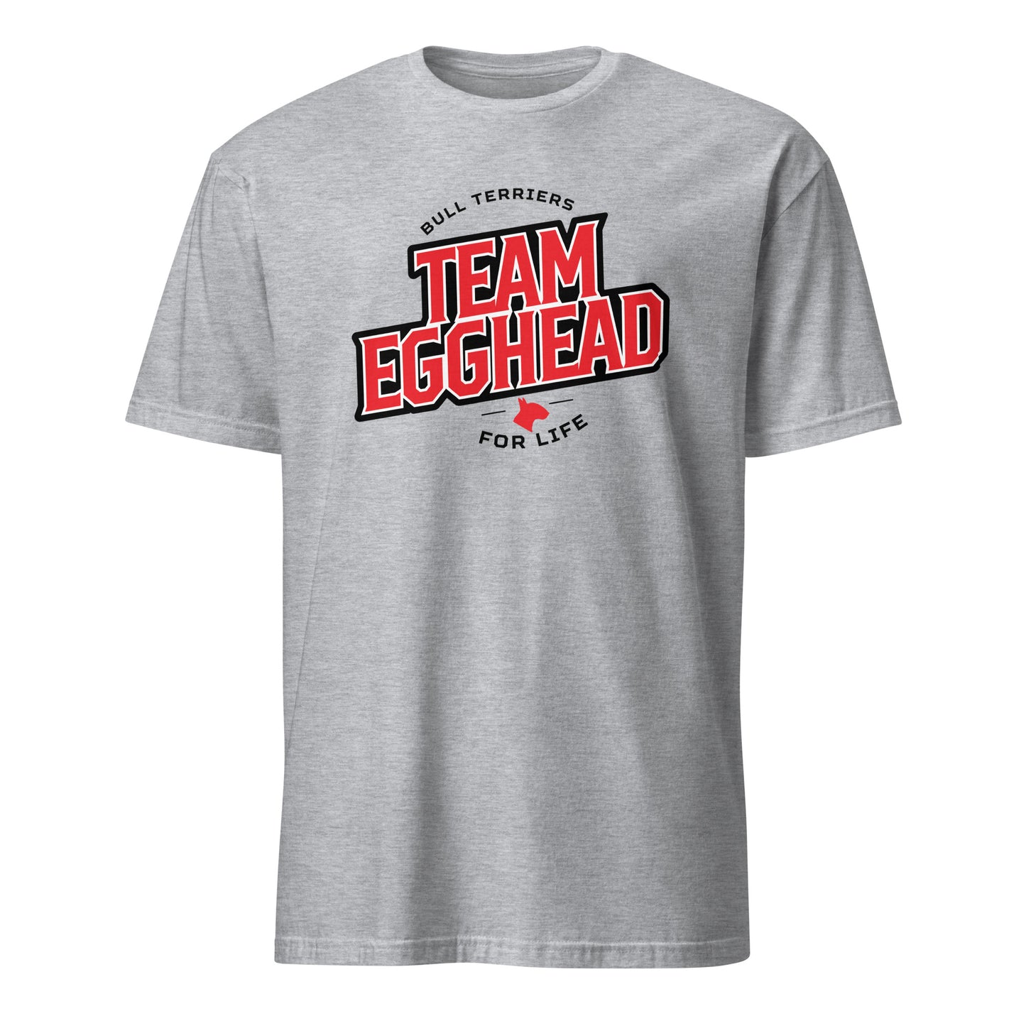 Product mockup of light grey t-shirt with 'Team Egghead for Life' text and logo.