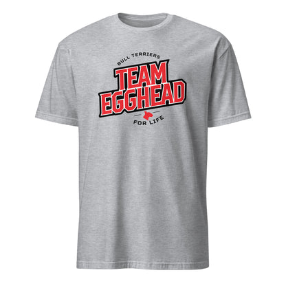 Product mockup of light grey t-shirt with 'Team Egghead for Life' text and logo.