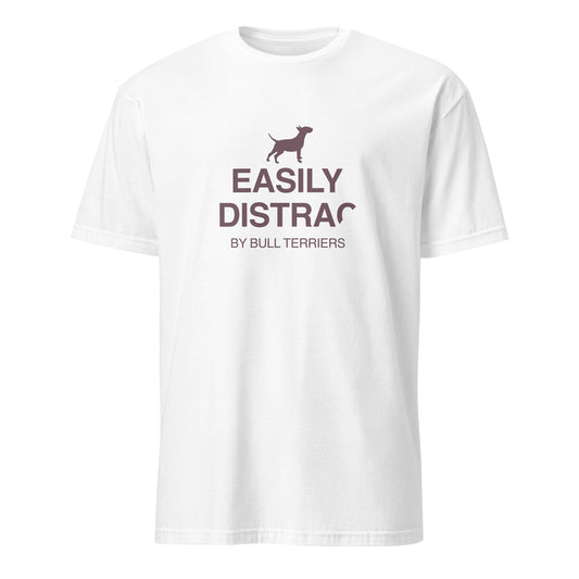 Product mockup - white t-shirt with text and a dog graphic reading EASILY DISTRACTED BY BULL TERRIERS