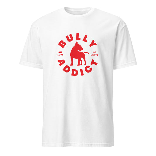 Product mockup - white t-shirt with red graphic and text Bully Addict 