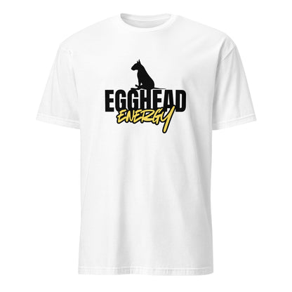 Product mockup of white t-shirt with 'EGGHEAD ENERGY' text and graphic