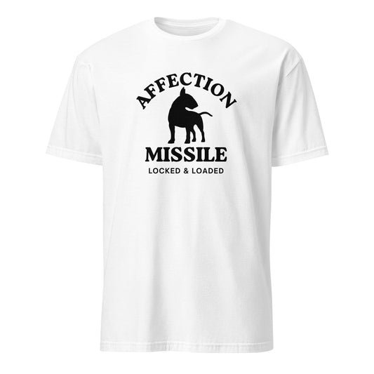 "Affection Missile Locked & Loaded" text and graphic on white t-shirt