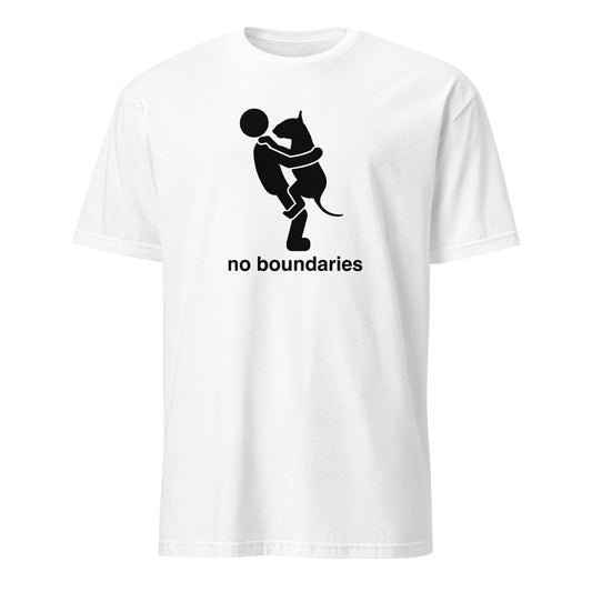 Product mockup of a white  t-shirt with black graphic of a dog in a persons arms and 'no boundaries' text.