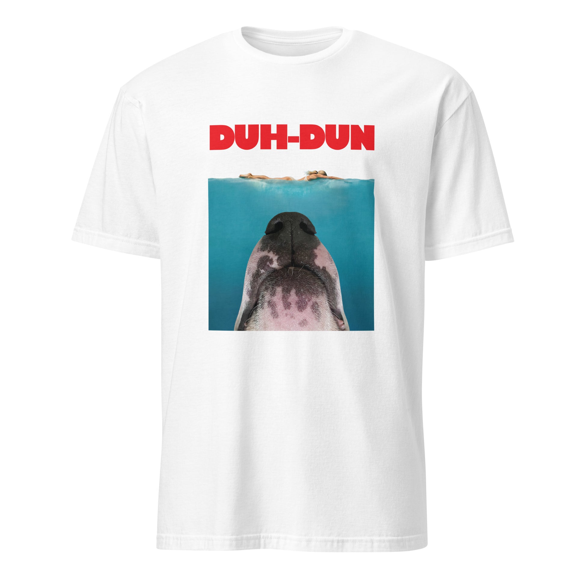 Product mockup of a white t-shirt with a parody graphic inspired by the JAWS movie poster of a dog's face and 'DUH-DUN' text
