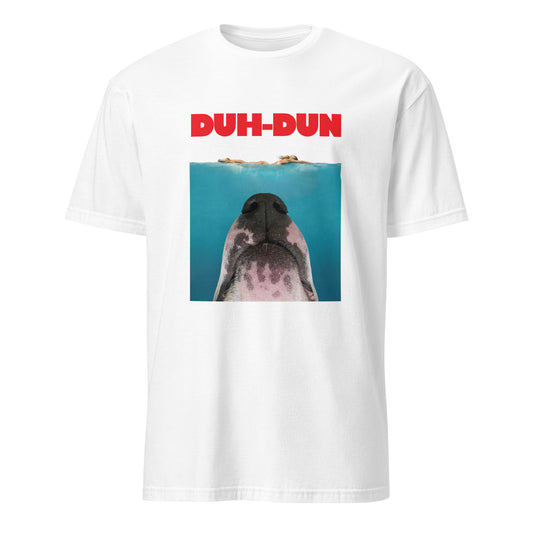 Product mockup of a white t-shirt with a parody graphic inspired by the JAWS movie poster of a dog's face and 'DUH-DUN' text