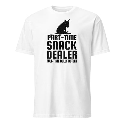 Product mockup of a white t-shirt with black graphic of a bull terrier sitting and words reading "Part-time Snack Dealer, Full-time Bully Butler".