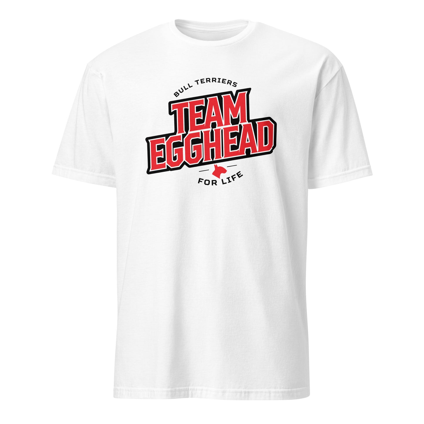 Product mockup of white t-shirt with 'Team Egghead for Life' text and logo.