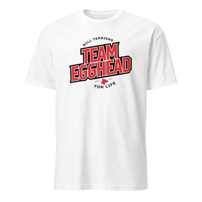Product mockup of white t-shirt with 'Team Egghead for Life' text and logo.